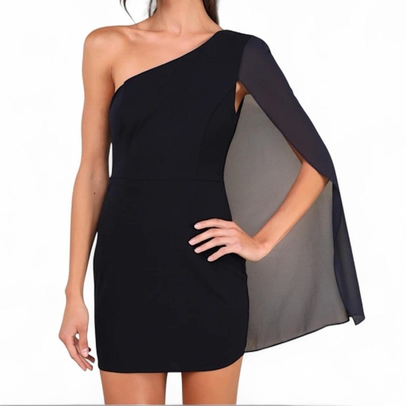 Lulus Majestic Energy Navy One-Shoulder Cape Sleeve Mini Dress – Size Small - Picture 1 of 9